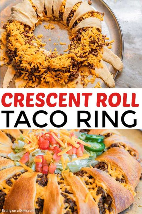 Taco crescent ring recipe is the perfect party food or dinner idea for a fun meal idea. Everyone loves this beef taco crescent ring and it is so easy. Taco crescent ring recipes are always a hit and this taco crescent ring easy recipe does not disappoint. Try Taco crescent ring pillsbury today. Serve taco crescent ring ground beef and toppings. #eatingonadime #tacocrescentringrecipe Pillsbury Taco Ring, Mexican Crescent Ring, Taco Ring With Crescent Rolls, Crescent Roll Ring Recipes, Taco Crescent Ring, Taco Ring Recipe, Crescent Roll Taco, Crescent Rings, Ring Recipes