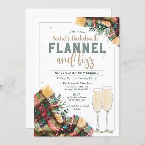 Flannel and Fizz Bachelorette Glamping Invitation Bachelorette Glamping, Flannel And Fizz, Glamping Invitation, Bachelorette Gift Ideas, Bachelorette Card, Bachelorette Gift, Bachelorette Invitations, Girls Getaway, Wedding Gift Bags