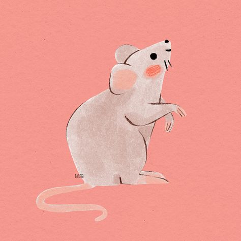 Cat And Mouse Illustration, Cute Mouse Painting, Mouse Cute Drawing, Rat Illustrated, Mouse Illustration Cute, Rat Drawn Cute, Cute Rat Drawing, Mouse And Strawberry, Rat Drawn