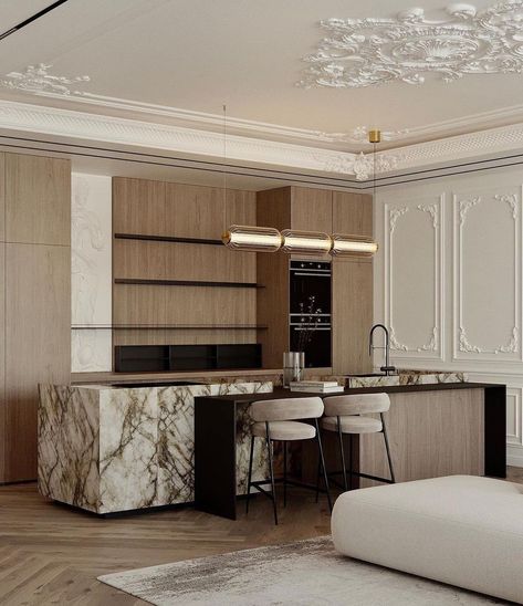 Kitchen Neoclassic Interior Design, Neoclassic Interior Design, Interior Design Neoclassical, Neoclassical Kitchen, Neoclassic Interior, Luxurious Kitchens, Modern Neoclassical, 3d Living Room, Neoclassical Interior