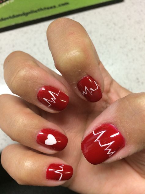 Nail Love Heart, Ekg Nails, Heart Card Nails, Medical Nails, Heartbeat Nails, Heart In Nails Tutorial, Heart Beat Nail Designs, Heart Decal Nails, American Heart Association