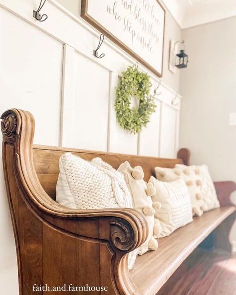 Pew Entryway, Church Pew Entryway, Feelings Come And Go, Church Pew Bench, Pew Bench, 90s House, Church Pews, Excited For Fall, Mudroom Entryway