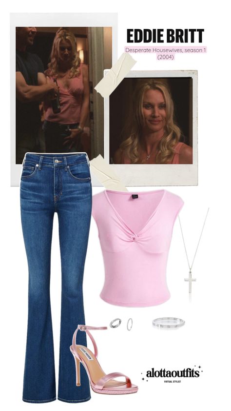 Edie Britt inspired outfit featuring a pink top, denim jeans and silver jewelry Confident Outfits, Edie Britt, Early 2000s Trends, Confident Outfit, Desperate Housewives, Wife And Kids, Rachel Zoe, Bold Fashion, Fitness Inspo