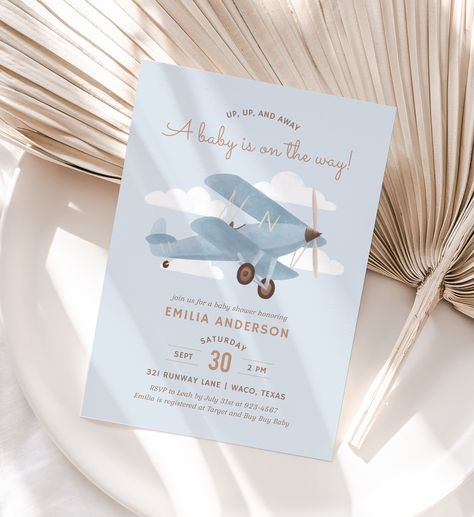 Hello and welcome! Please read the listing description before placing your order ⬇ This listing is for one 5x7 airplane baby shower invitation template that you can edit yourself at Corjl.com. Corjl is an online editing software that allows you to access and edit your template right in your browser. With Corjl: ✔ No software download is needed. Edit in your browser or with a mobile device ✔ Add or move text boxes and change the font style, color, and size ✔ Add your own images ✔ Save as a JPG or Jet Themed Baby Shower Ideas, Vintage Plane Baby Shower Ideas, Baby Shower Planes Theme, Plane Themed Baby Shower Ideas, Baby Boy Airplane Shower Ideas, Planes Baby Shower Theme, Airplane Themed Baby Shower Ideas, Plane Baby Shower Ideas, Landing Soon Baby Shower Theme