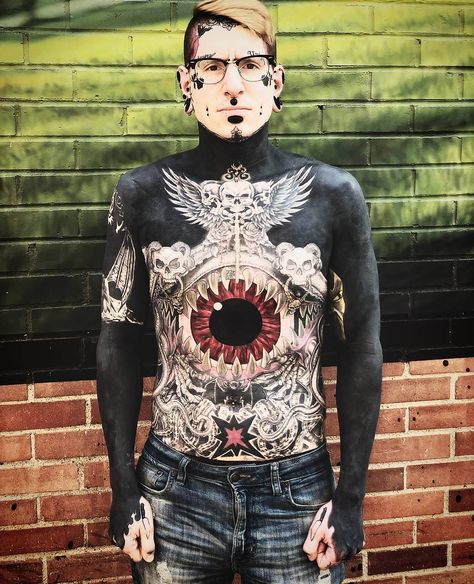 Torso Tattoos, Blackout Tattoo, Blue Tattoo, Fresh Tattoo, Body Suit Tattoo, Full Body Tattoo, Face Tattoos, Boy Tattoos, Earplugs