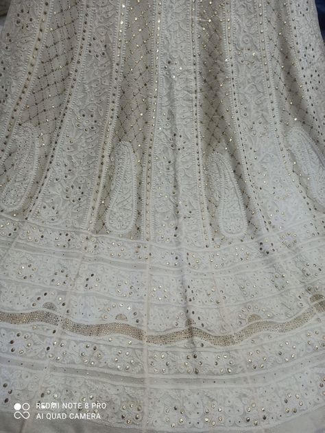 Shimmering mukaish work chikankari designer lehenga. Visit www.instagram.com/nargischikankari Wedding Cambric Fabric With Chikankari Embroidery, Traditional Cambric Fabric With Chikankari Embroidery, Chikankari Embroidered Fabric For Puja, Traditional Chikankari Embroidery Fabric, Ceremonial Chikankari Embroidered Fabric, Romance Covers Art, Romance Covers, Suits Design, Embroidery Suits Design