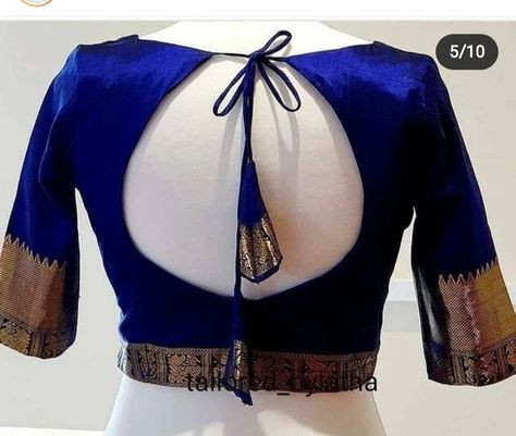 Blouse Back Neck Designs Fancy, Dark Blue Blouse Designs, Kathpadar Saree Blouse Design, Back Design For Blouse, Kathpadar Saree, Saree Combination, Plain Blouse Designs, Saree Blouse Design, Blue Blouse Designs