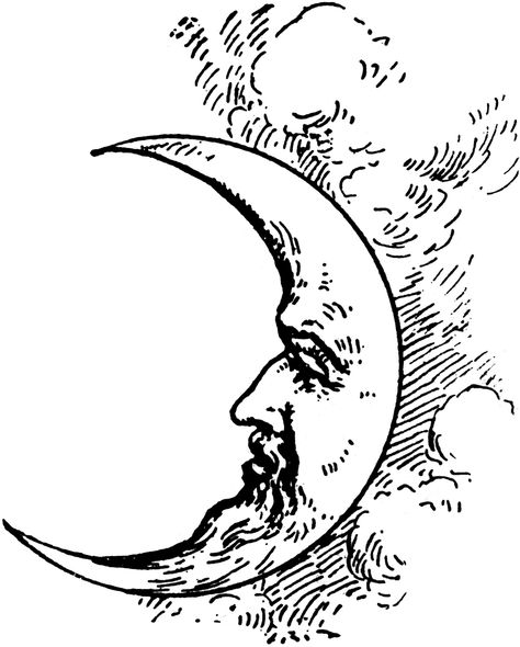 Crescent+Moon+Face+Drawing | Crescent Moon Old Moon Illustration, Vintage Crescent Moon Illustration, Old Moon Drawing, Moon Man Tattoo, Man In The Moon Tattoo, Moon Vintage Illustration, Vintage Moon Tattoo, Vintage Moon Illustration, Moon Woodcut