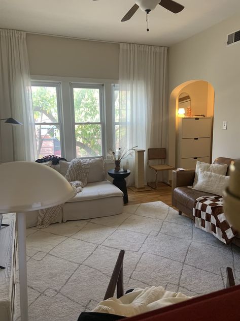 Floating Bookcase, Tan Couch, Room Divider Shelves, Brown Leather Couch, Dining Room And Living Room, Student Apartment, Individual Space, Chicago Apartment, Student Room