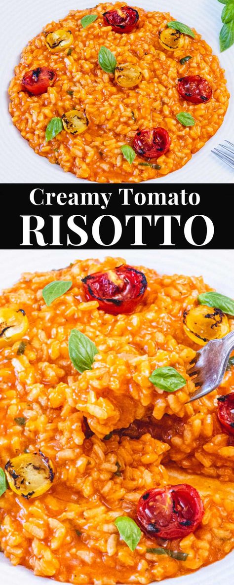 Tomato risotto is the perfect recipe for a heartwarming and satisfying family dinner. It exemplifies the rustic charm and simple elegance of Italian home cooking.You'll love the creamy texture of arborio rice, the rich tomato sauce, and the parmesan flavor. And the optional charred tomatoes are the cherry on top! Cherry Tomato Risotto, Arborio Rice Recipes, Potato Tomato Recipe, Charred Tomatoes, October Meals, Risotto Dinner, Cauliflower Rice Risotto, Vegetarian Risotto, Best Risotto