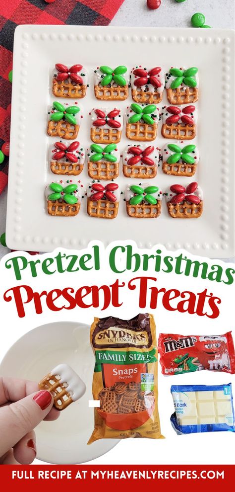 Pretzel Christmas Present Treats- easy christmas dessert treat idea to make for a party. Christmas food baggie gifts for neighbors. Easy m&m pretzel chocolate treats. Pretzels that look like gifts with a bow. Pretzel Chocolate Treats, Pretzel Rolo, Chocolate Pretzels Christmas, Santa Brunch, Pretzel Christmas, Bunco Christmas, Pretzel Chocolate, Easy Christmas Dessert, Christmas Pretzels