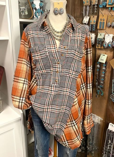 Fall Into fall with awesome orange plaid shirt with raw edges length: 30" 100% Cotton Refashion Clothes Upcycling, Flannel Upcycle, Boho Flannel, Cats Health, Patchwork Overalls, Clothes Alterations, Upcycled Tshirt, Recycled Shirts, Altered Clothing