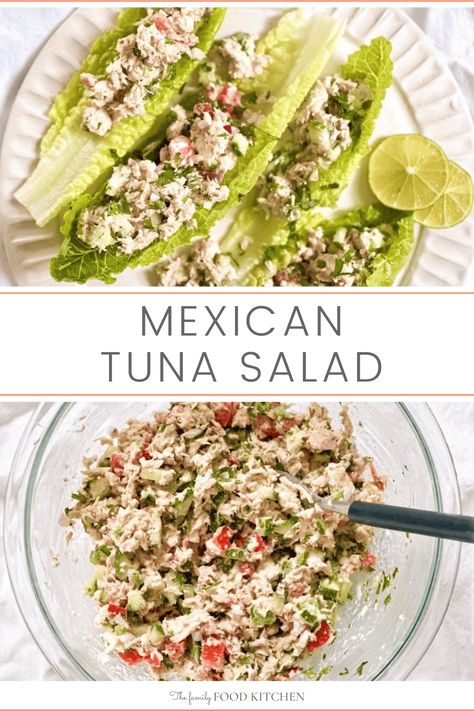 This Mexican Tuna Salad recipe is a great twist on a traditional tuna salad. So easy to make, simply combine lime juice and creamy mayo with cilantro, tomatoes, cucumbers and diced jalapeno for a touch of heat. Perfect for meal prep, lunches, sandwiches and wraps - this will be your new family favorite salad.  #FamilyFoodKitchen Tuna Salad With Jalapeno, Mexican Style Tuna Salad, Mexican Tuna Salad Recipe, Lunches Sandwiches, Mexican Tuna Salad, Mexican Tuna, Meal Prep Lunches, Tuna Salad Ingredients, Sandwiches And Wraps