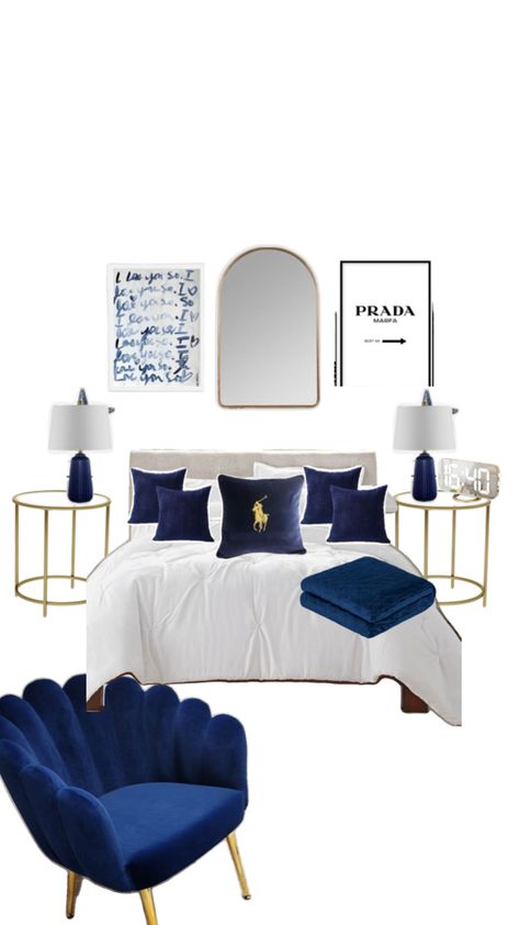 Navy Blue Carpet Bedroom, Clean Girl Room Aesthetic Navy Blue, Dorm Room Navy Blue, Navy Bed Ideas, Navy Room Decor Bedroom, Navy Bedroom Aesthetic, Navy Room Aesthetic, Blue White And Gold Bedroom, Dark Blue Room Ideas