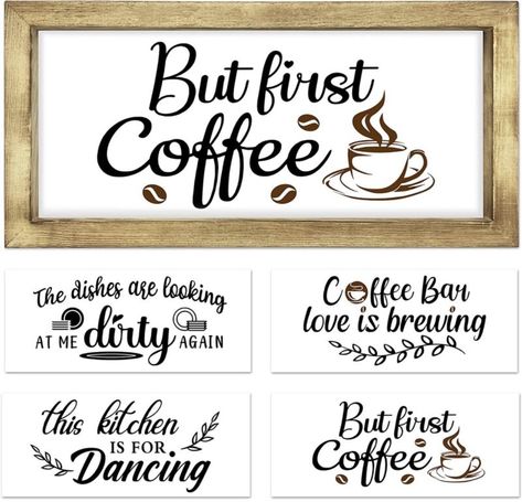 Wood Coffee Bar, Kitchen Is For Dancing, Coffee Bar Station, Coffee Bar Design, Wall Nails, Coffee Bar Decor, Country Farmhouse Style, Coffee Sign, Coffee Bar Signs