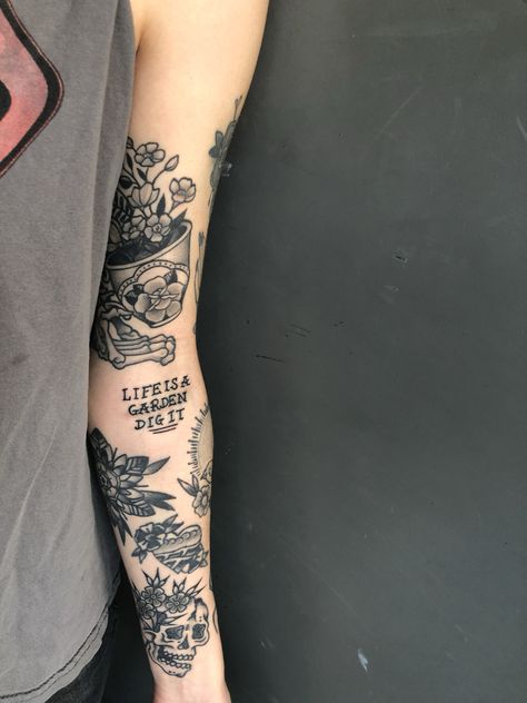 Traditional tattoo sleeve Sleeve Tattoo Placement, Arm Fold Tattoo, Fold Tattoo, Tattoo Placement Ideas, Traditional Tattoo Sleeve, Tattoo Sleeve, Tattoo Placement, Sleeve Tattoo, Traditional Tattoo