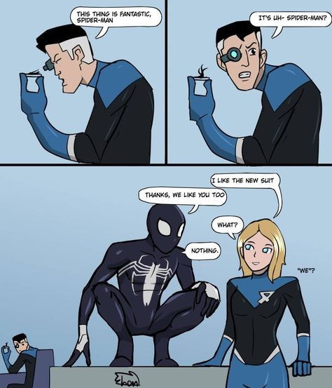 Spiderman Villains Art, Fantastic Four The Thing, Fan Made Spiderman, Spiderman Funny Comics, Spider Man Symbiote Suit, Spiderman Symbiote Suit, Spider Man Fanart, Symbiote Oc, Spiders Man