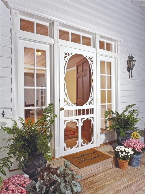 Charlestowne White Vinyl Screen Door Exterior Screen Doors, Front Door With Screen, Decorative Screen Doors, Vintage Screen Doors, Wooden Screen Door, Diy Screen Door, Vinyl Doors, Farmhouse Front Door, Porch Doors