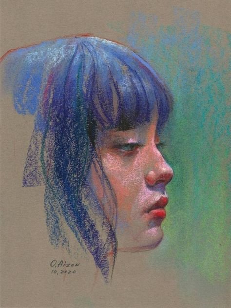 Pastel Portraits Tutorial, Azure Color, Chalk Pastel Art, Portrait Artists, Soft Pastels Drawing, Blue Black Hair, Profile Drawing, Soft Pastel Art, Pastel Artwork