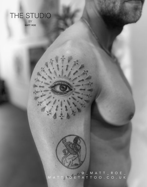 Eye with dot mandala on shoulder. This is a different type of tattoo for me but think it came out really cool. #eyetattoo #detailedtattoo #dotworktattoo Shoulder Eye Tattoo, Eye On Shoulder Tattoo, Eye Tattoo On Shoulder, Eye Tattoo Shoulder, Minds Eye Tattoo, Multiple Eyes Tattoo, Eye World Tattoo, Storm Tattoo, Eye Of The Storm