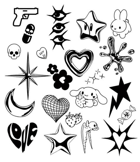 Rave Inspired Tattoos, Alt Small Tattoos, Simple Tattoos To Do On Yourself, Streetwear Tattoo Ideas, Star Design Drawing, Clip Art Tattoo Ideas, Simple Cool Tattoos For Men, Newjeans Tattoo Ideas, Tattoos On Paper