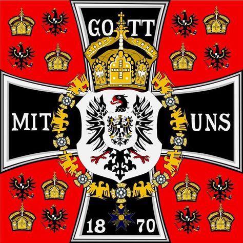 Gott mit uns (meaning God with us) is a phrase commonly used on armor in the German military from the German Empire to the end of the Third Reich, although its historical origins are far older.  The obverse gilt central disc bore the crown of Prussia, surrounded by a blue enamel ring bearing the motto of the German Empire Gott Mit Uns. At the time of the completion of German unification in 1871, the imperial standard bore the motto Gott mit uns on the arms of an Iron Cross. Imperial Radch, German Empire Flag, Kings German Legion, Iron Cross Germany, German Empire And Austria-hungary, Holy Roman Empire, German History, Vintage Tattoo, First Art