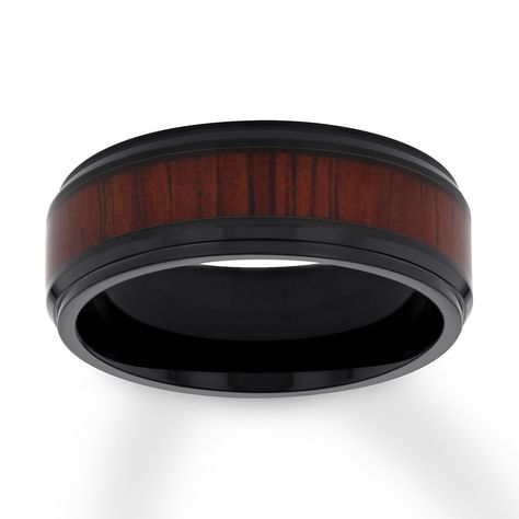 Men's Wood Design Wedding Band Black Ion-Plated Stainless Steel - 25318140299 - Kay Wedding Band Black, Wood Interior Design, Black Wedding Band, Wedding Band Designs, Jewelry Advice, Rugged Look, Hard Metal, Rings Engagement, Design Wedding