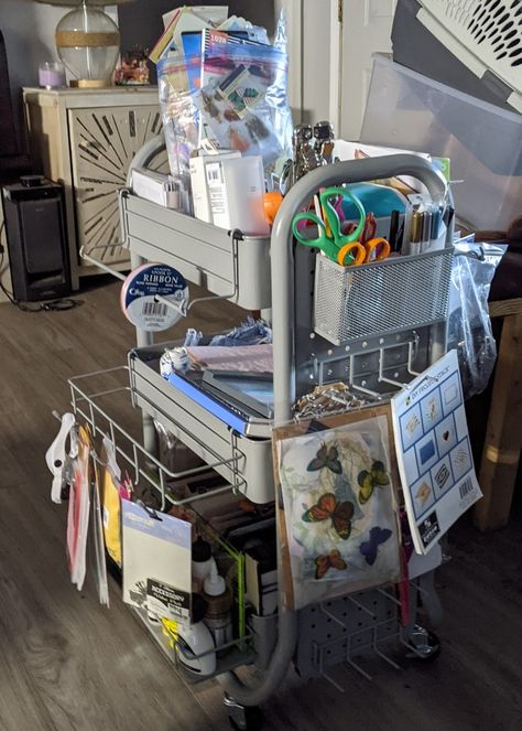 I'm loving how much this little cart can hold.  Regular pegboard hooks work with this so you can add to it. There's even a Cricut Joy is on it. Happy crafting! Junk Room Organization, Supply Organization, Art Shed, Art Supply Organization, Junk Journal Supplies, Rolling Cart, Journal Supplies, Art Organization, Art Supply