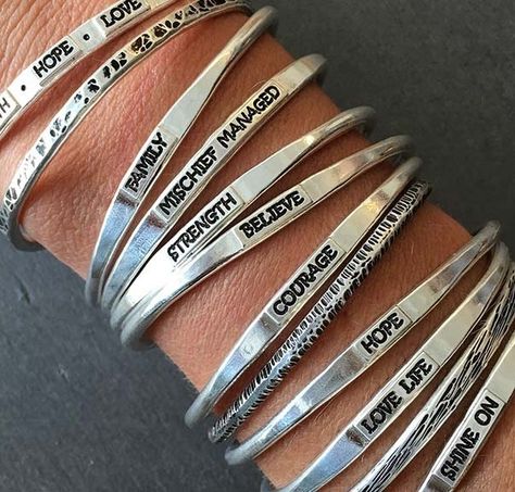 Affordable graduation jewelry gifts: Say it with a Bangle personalized bracelets by HeidijHale Graduation Jewelry, Stamped Bracelet, Bangles Making, Silver Bangle Bracelets, I Love Jewelry, Stamped Jewelry, Cartier Love Bracelet, Silver Bangles, Fantastic Gifts