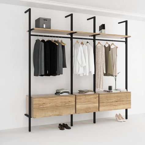 Open wardrobes and walk in wardrobes. Shelving systems for open-plan dressing rooms, bedrooms and entry halls. Order online now. Wardrobe Shelving, Shop Shelving, Wardrobe Systems, Open Wardrobe, Open Closet, Regal Design, Retail Shelving, Shelving Racks, Shop Fittings