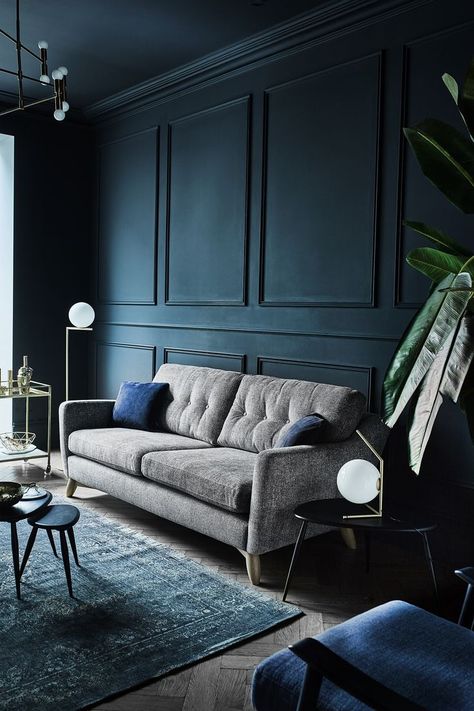 Wall Paneling Ideas Living Room, Neoclassic Interior, Gym Bench, Ercol Furniture, Parker Knoll, Dark Blue Walls, Nest Of Tables, Home Library Design, Corner Sofas