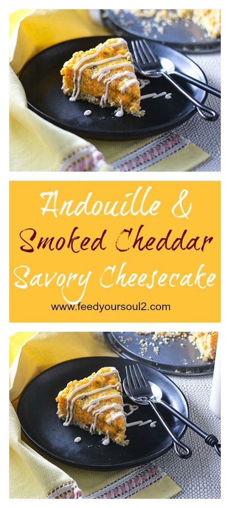 Andouille & Smoked Cheddar Savory Cheesecake from Feed Your Soul Too Gluten Free | Cheese | Appetizer Savory Cheesecake, Cheese Appetizer, Savory Cheese, Gluten Free Bread Crumbs, The Deep South, Gourmet Cakes, Fried Chicken Sandwich, Southern Fried Chicken, Savory Tart