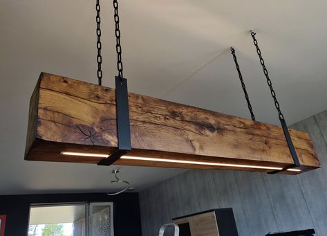 Rectangle Dining Chandelier, Wood Lighting Design, Chandelier Wood, Wooden Beam, Ceiling Cladding, Beam Light, Woodworking Inspiration, Wooden Light, Reclaimed Oak