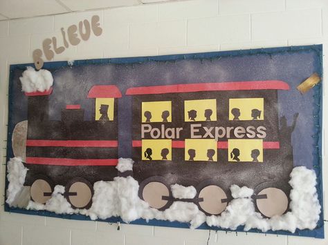 Polar Express Bulletin Board                                                                                                                                                                                 More Christmas Party Preschool, Classroom Decoration Christmas, Polar Express Bulletin Board, Gingerbread House Door Decorations, Bulletin Board Ideas Christmas, Train Bulletin Boards, Polar Express Theme, Future Educator, Christmas Desk