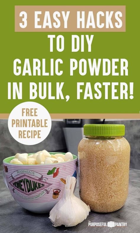 Jar of minced garlic, garlic bulb, and dish of garlic cloves Garlic Preservation, Dehydrator Meals, Diy Garlic Powder, Dehydrating Garlic, Dehydrate Garlic, Infused Salt Recipes, Drying Garlic, Purposeful Pantry, Dehydrating Vegetables