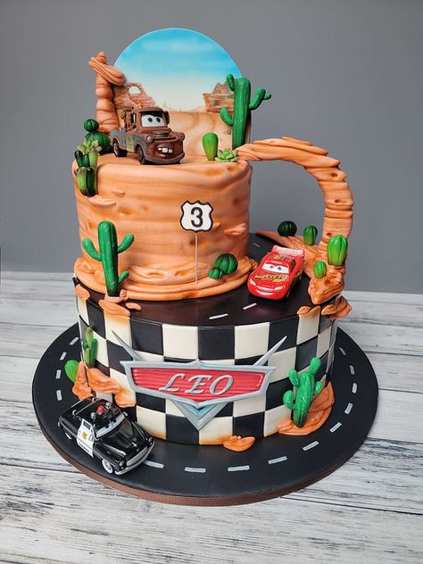 Children's Cakes | whimsycakesbydee Disney Cars Tractor Tipping Cake, Tow Mater Cake Ideas, Easy Cars Cake, Radiator Springs Cake, 2nd Birthday Boy Cake, Lightening Mcqueen Cakes, Cars Mcqueen Cake, Cars Birthday Party Cake, Disney Cars Birthday Cake