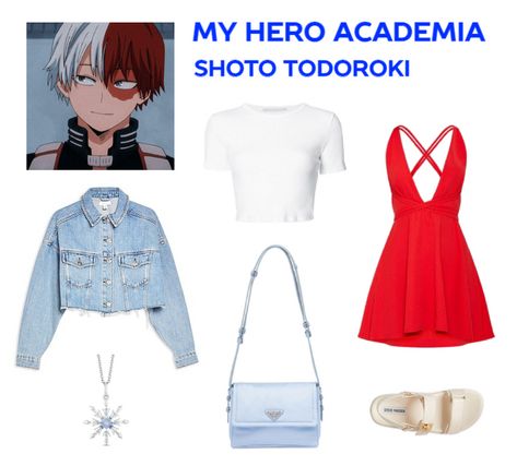 Casual Cosplay Outfits, Mha Izuocha, Light Blue Accessories, Red Flowy Dress, Light Blue Denim Jacket, Snk Cosplay, Dress Layered, Character Inspired Outfits, Anime Inspired Outfits