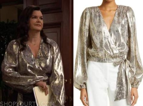 Bold and the Beautiful: February 2023 Katie's Silver Metallic Wrap Top Katie Logan, Heather Tom, Purple Drapes, The Bold And The Beautiful, Beautiful Paris, Where To Buy Clothes, Draped Blouse, February 2023, Bold And The Beautiful