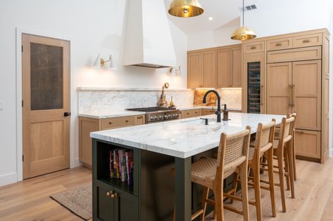 Dark Green Kitchen Island Wood Cabinets, Green Island With Wood Cabinets, Foxhall Green Cabinets, White Oak And Green Kitchen, Dark Green Island Kitchen, Oak And Green Kitchen, Island Different Color Than Cabinets, Dark Green Island, Dark Green Kitchen Island