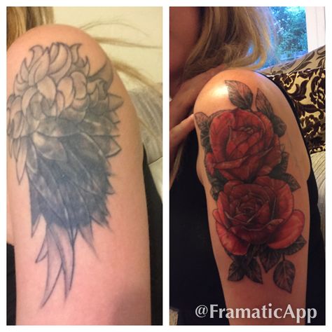 Large colourful roses to cover up old tattoo Coverup Ideas, Tattoo Cover Ups, Cover Up Tattoos For Women, Tattoo Coverup, Polka Tattoo, Trash Polka Tattoo, Trash Polka, Old Tattoos, Tattoo Cover