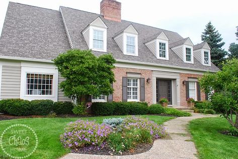 urbane bronze shutters and intellectual gray door Brick Cottage Exterior, Shutters Brick House, Brick House Exterior Colors Schemes, Intellectual Gray, My Bo, Urbane Bronze, Painted House, Siding Options, Shingle Colors