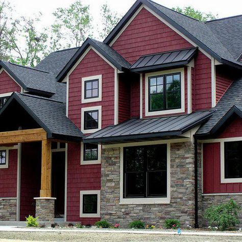 House Exterior Red Roof, White House With Black Trim, House With Black Trim, Red House Exterior, Colour House, Grey Exterior House Colors, Red Roof House, Exterior House Siding, Gray House Exterior