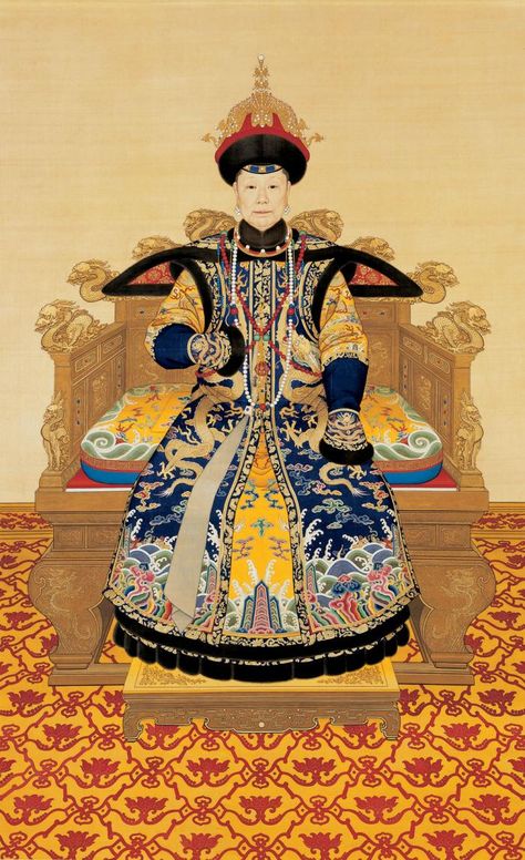 Portrait of the Xiaosheng Empress Dowager, Qianlong period, 1751, by anonymous court artists.Hanging scroll, colour on silk. 230.5 × 141.3 cm.The Palace Museum,Beijing. This portrait presents the Xiaosheng Empress Dowager (1691-1771),the mother of the Qianlong Emperor (r.1736-95),on her sixtieth birthday.Royal Academy of Arts, part of the The Three Emperors, 1662 - 1795 exhibition which ran from 12 November 2005 - 17 April 2006 in London. Qianlong Emperor, Empress Dowager, Chongqing, Qing Dynasty, Art