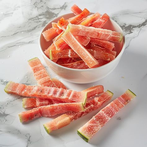 Candied Watermelon Rinds - Yeyfood.com: Recipes, cooking tips, and kitchen hacks for home cooks of all levels Horned Melon Recipes, What To Do With Watermelon Rind, Canned Watermelon Rind, Unripe Watermelon Recipes, Watermelon Rinds Recipes, Candied Watermelon Rind, Candied Watermelon Rind Recipe, Watermelon Peel Candy, Watermelon Pickled Rinds