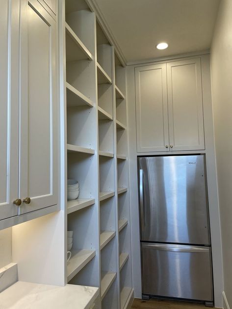 Scullery With Fridge, Fridge In Walk In Pantry, Narrow Scullery Ideas, Pantry Connected To Kitchen, Narrow Walk In Pantry With Freezer, Pantry With Upright Freezer, Secret Butlers Pantry, Butler Pantry With Fridge, Butlers Pantry Ideas Layout With Fridge