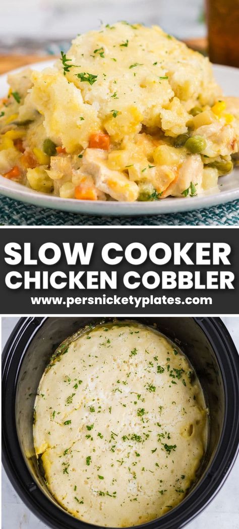 This Slow Cooker Chicken "Cobbler" is a simple recipe made in the crockpot filled with creamy chicken and vegetables and topped with a biscuit cobbler topping. Cobblers don't just have to be for dessert! Slow Cooker Chicken Cobbler, Crockpot With Frozen Chicken, Easy Christmas Crockpot Recipes, Slow Cooker Chicken Casserole Recipes, Chicken Casserole In Crockpot, Chicken Casserole Crockpot Recipes Slow Cooker, Crockpot Chicken Pot Pie With Biscuits, Frozen Chicken Slow Cooker Recipes, Chicken And Biscuits Crockpot