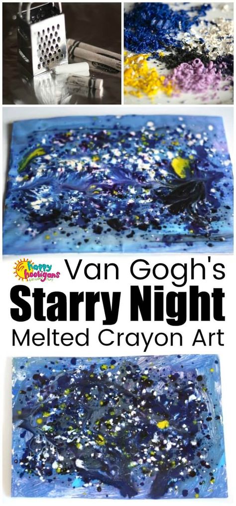 Learn how to make Starry Night art with this fun and fascinating melted crayon art process. It's a great Van Gogh art project for kids of all ages. #HappyHooligans #StarryNight #VanGogh #MeltedCrayons #ArtForKids #PreschoolArt #ArtProjects #KidsArt #CrayonArt #ArtIdeasForKids Starrynight Vangogh, Famous Artists For Kids, Line Art Projects, Melted Crayon Art, Starry Night Art, Art Projects For Kids, Art Process, Crayon Art Melted, Crayon Art