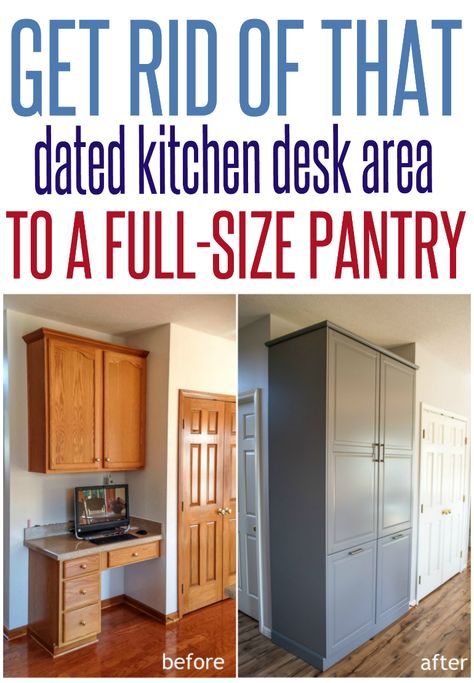 DIY Kitchen Storage Ideas | Turn that dated kitchen desk area into a full size pantry with IKEA Sektion Tall Cabinets! Sektion Pantry, Kitchen Desk Area, Kitchen Desk Areas, Diy Kitchen Storage Ideas, Pantry Redo, Dated Kitchen, Ikea Sektion, Tall Cabinets, Kitchen Furniture Storage