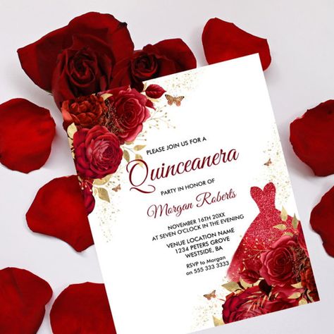 Red Roses Dress Budget Quinceanera Invitation Budget Quinceanera, Red Roses Dress, Glitter Sweet 16, Invitations Quinceanera, Shop Red Dress, Roses Dress, Ros Gold, Quinceanera Invitation, Sweet Sixteen Invitations