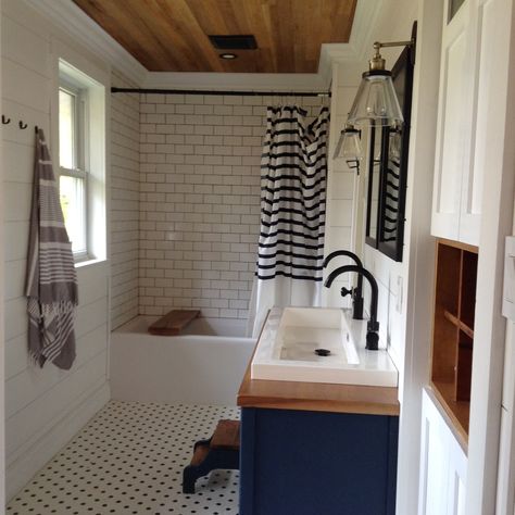 Cedar ceiling, white shiplap, open double sink, black fixtures! Shiplap Bathroom, White Shiplap Wall, White Shiplap, Wood Ceiling, Bathroom Ceiling, Vintage Bathrooms, Upstairs Bathrooms, Diy Bathroom Decor, Bathroom Renos